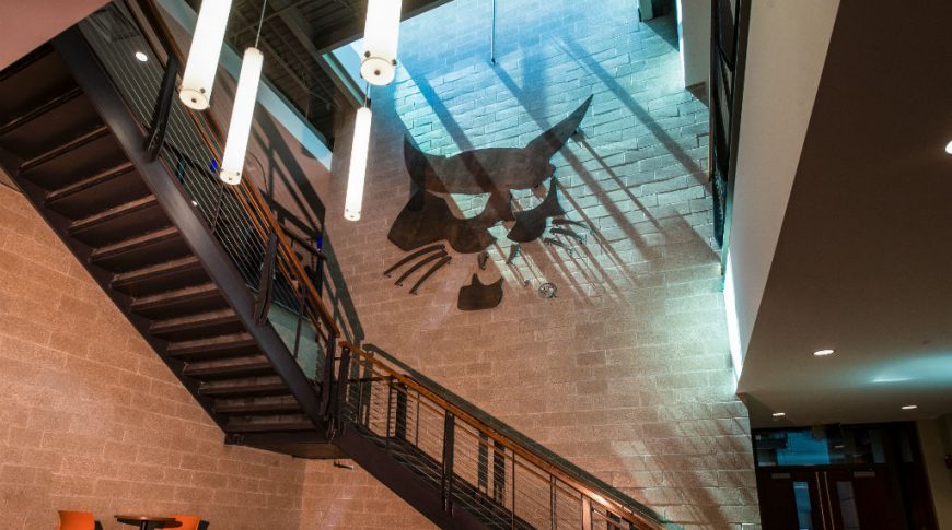 Bobcat Acceleration Center-P-Int3-1024x680-Commercial Construction Brick wall two-story opening with black metal staircase to second floor and bobcat metal emblem on back wall.