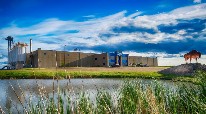 Exterior view of brown and blue precast concrete warehouse building with buffalo statue to right and pond in foreground.