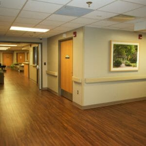 Interior corridor view of rich brown and red vinyl flooring with beige painted hallways and beige rails running on each side interspersed with images of green nature.