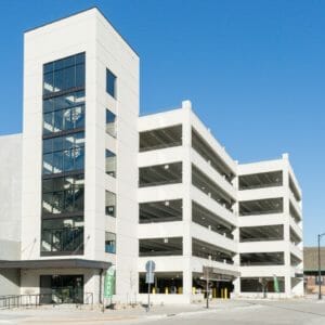 Outside view of the Mercantile Parking lot in downtown Fargo, ND on the stairwell side.