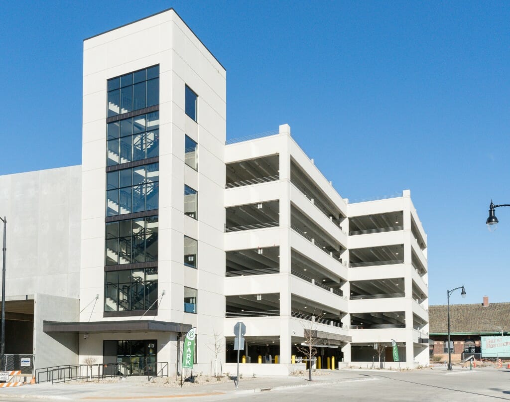 Outside view of the Mercantile Parking lot in downtown Fargo, ND on the stairwell side.