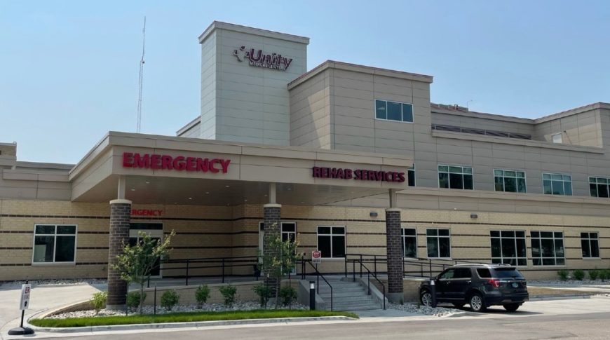 Outside of the Unity Medical Center building by the emergency room and rehab services entrance.