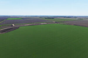 Aerial view of sitework for a new grain handling facility and rail loop track.