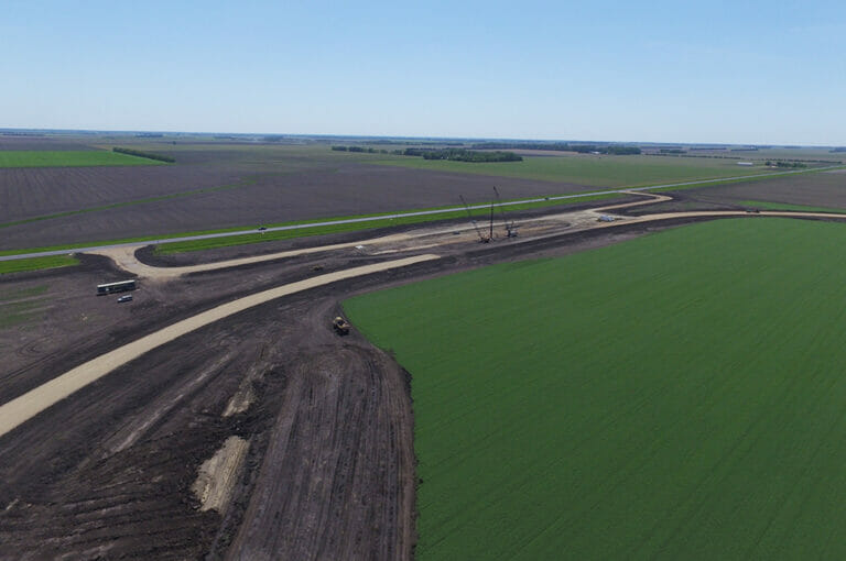 Minn-Kota Shuttle Facility Aerial View 4 Aerial view of sitework for a new grain handling facility and rail loop track.