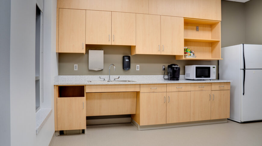 White oak cabinetry in the breakroom.