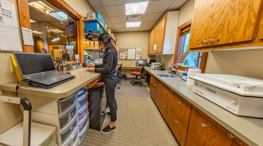 View of back room with woman in all black clothing and dark brown hair working on glasses on a countertop. Cabinetry and countertops throughout.