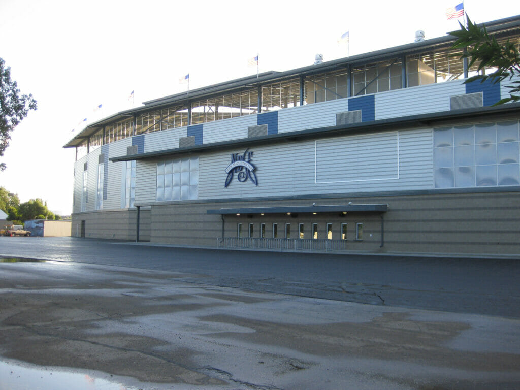 Exterior parking lot view of entrance to ND State Fair Grandstands.