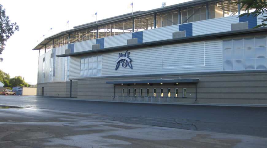 Exterior parking lot view of entrance to ND State Fair Grandstands.