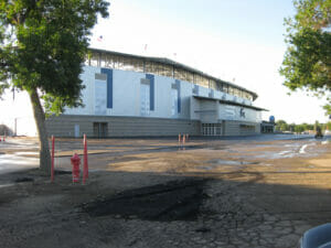 Exterior parking lot view of entrance to ND State Fair Grandstands.