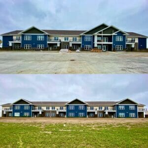 Above and below picture stitched together showcasing the front and back of a new apartment building with blue, beige, and dark brown siding accents and balconies throughout.