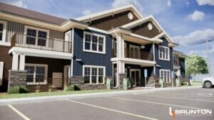 Exterior rendering of White Shield Apartments, a two-story apartment building with dark blue, beige, and brown siding with brick accents on first floor.