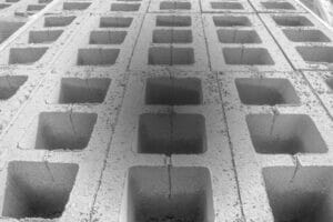 Above view of cinderblocks stacked neatly in rows on a pallet