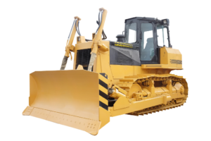 Yellow bulldozer from the front looking towards an empty cab with no background.