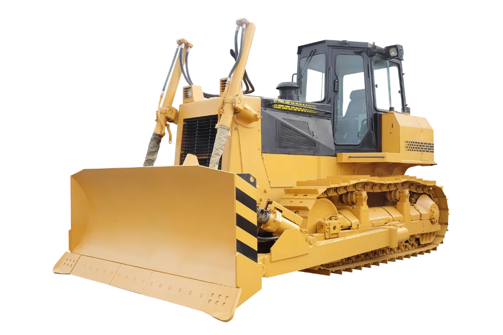 Bulldozer Yellow bulldozer from the front looking towards an empty cab with no background.