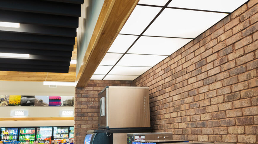 Smoothie and pop station at a Cenex C-Store with bright fascia lighting and brick backsplash.