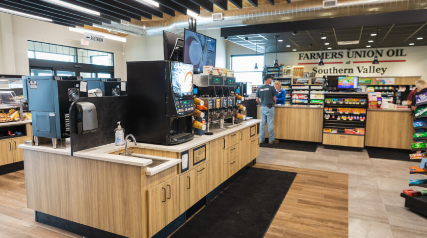 Coffee station at a Cenex C-store with checkout area in the foreground.