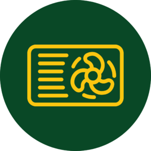 Green circular icon with gold air conditioned unit icon in foreground signifying our HVAC service offerings.