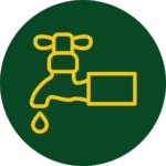 Plumbing Service Icon Green circle with yellow spicket and water droplet coming from spout signifying our plumbing services.