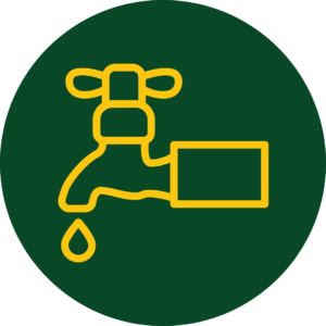Green circle with yellow spicket and water droplet coming from spout signifying our plumbing services.