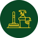 Remediation Service Icon Green circle icon with yellow broom, bucket, glove, and spray signifying our remediation and cleaning services.
