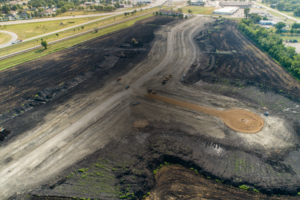 Aerial view of dirtwork on a new residential housing development.