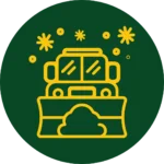 Seasonal Service Work Icon Green circle with yellow snowplow icon with snowflakes above signaling our seasonal service work