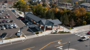 Aerial drone viewpoint of the Fergus Falls Riverfront pavilion from the west side of the street.