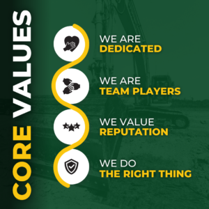 Image of an excavator with green overlay and the words "Core Values" written on the side followed by "We are Dedicated," "We are Team Players," "We Value Reputation," and "We do The Right Thing."