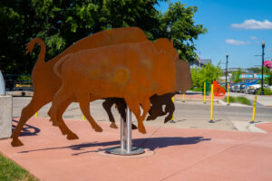 Custom bike rack made from orange rust-colored metal shaped as bisons.