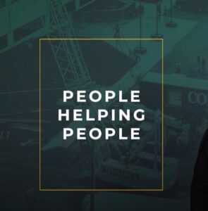 Yellow outlined transparent box with the words "People Helping People" inside it on a dark green and black picture overlayed background of a construction worksite.