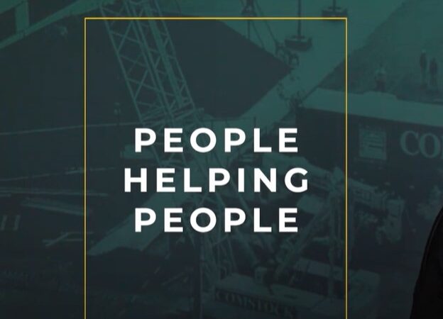 Yellow outlined transparent box with the words "People Helping People" inside it on a dark green and black picture overlayed background of a construction worksite.