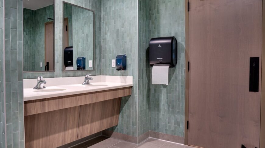 Bathroom interior view of wood-grained laminate vanities and door, with light green tiles on every wall from floor to ceiling.