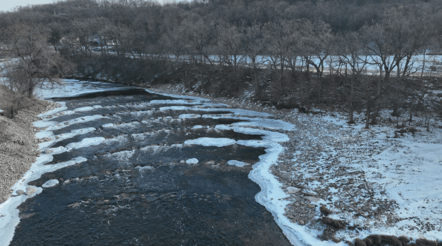 Rows of rock weirs in the Sheyenne River in Valley City, ND recently placed after dam removal.