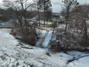 Concrete portage steps along the riverbank of Sheyenne River in Valley City, ND.