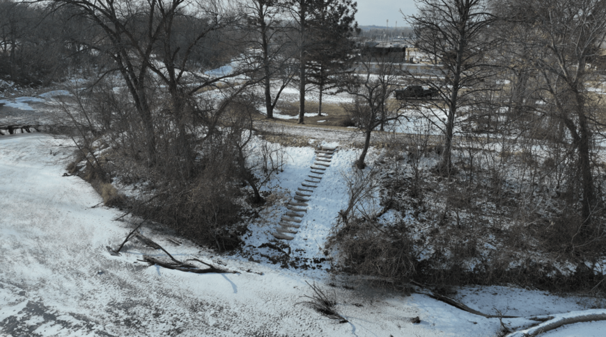 Concrete portage steps along the riverbank of Sheyenne River in Valley City, ND.