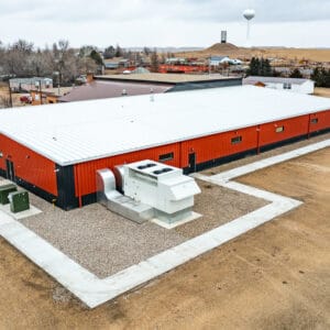 Exterior view from the air of new school addition and their mechanical systems.