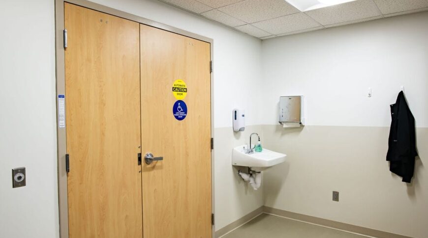 Medical area with double doors in the middle, sink station on the right.
