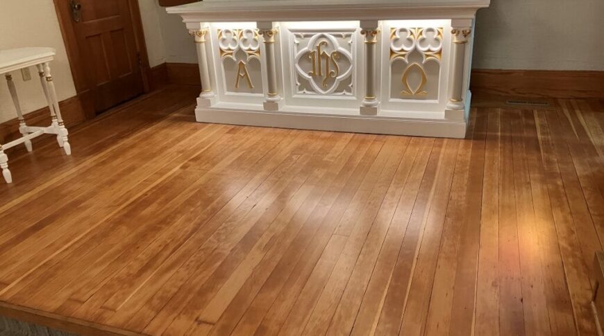 Refinished hardwood floors at the pulpit of the Immanuel Lutheran Church in Hankinson, ND.