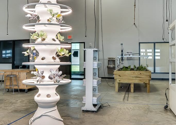 Hydroponic growing tube with agricultural raised plant beds in the back.