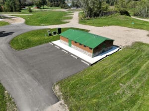 Aerial view of the newly finished Delagoon Park Campground Shower and Bathroom Building.
