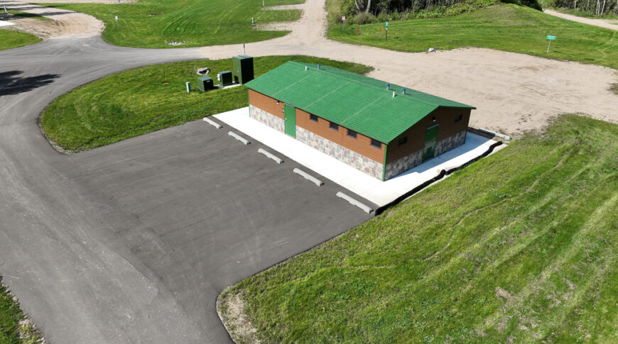 Aerial view of the newly finished Delagoon Park Campground Shower and Bathroom Building.