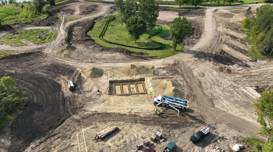 Aerial construction progress of the Delagoon Campground in Fergus Falls. The ground is mostly dirt and gravel.