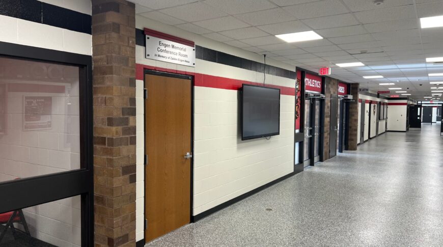 Internal hallway view of the new conference room entrance. Previously this was a vestibule entryway.