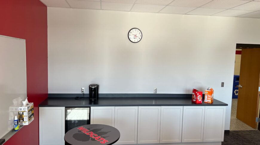 Beige wall with complimentary beige-colored lower cabinetry with a black countertop.