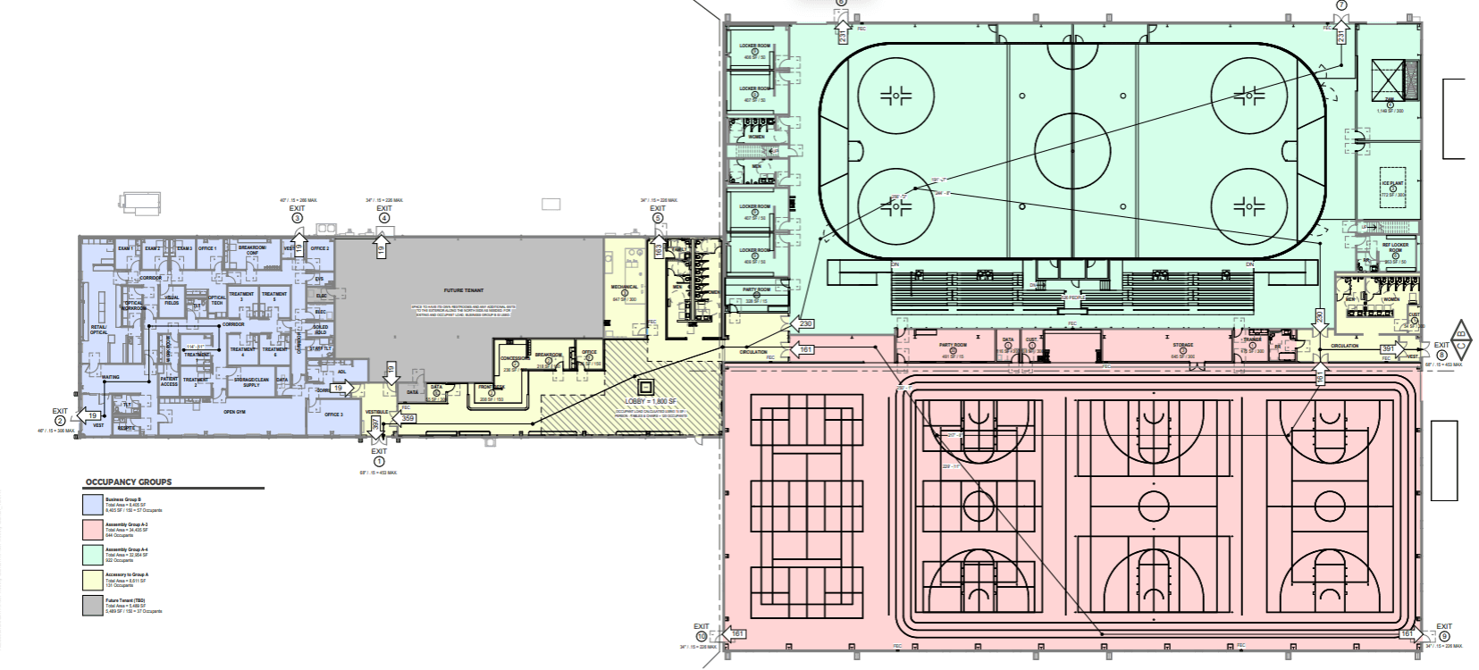 Infinity Center blueprint showing different areas of use from basketball courts to ice rink to Sanford facility.