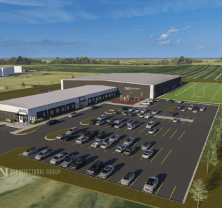 Exterior aerial rendering of The Infinity Center in Breckenridge, MN.