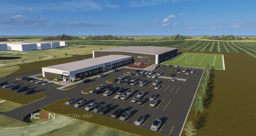 Exterior aerial rendering of The Infinity Center in Breckenridge, MN.