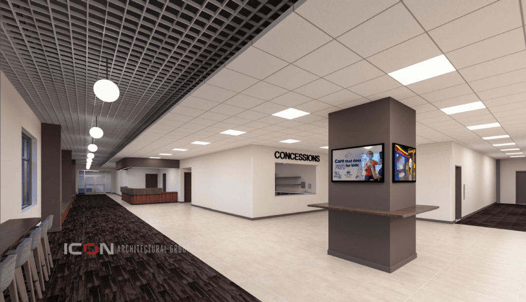 Interior lobby and concessions area rendering at The Infinity Center.