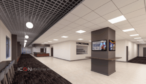 Interior lobby and concessions area rendering at The Infinity Center.