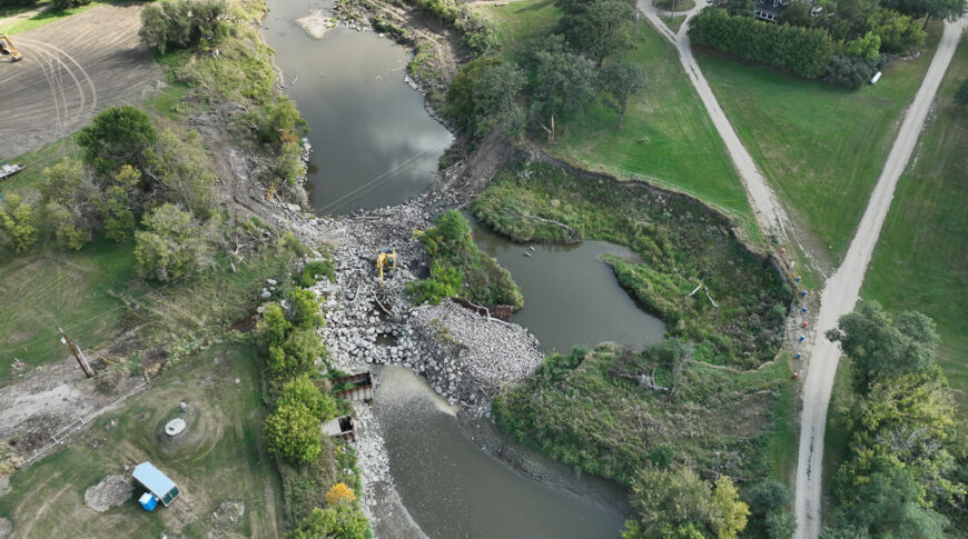 default Aerial view of the collapsed Mayville Dam prior to reconstruction.